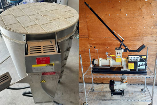 used-equipment Top view of a kiln and a wedge table in a ceramics studio, showcasing essential pottery tools for clay preparation and firing.