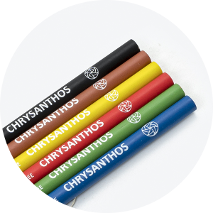 Six vibrant Chrysanthemums underglaze colors in tubes, including black, yellow, green, red, and blue, ideal for pottery decoration.