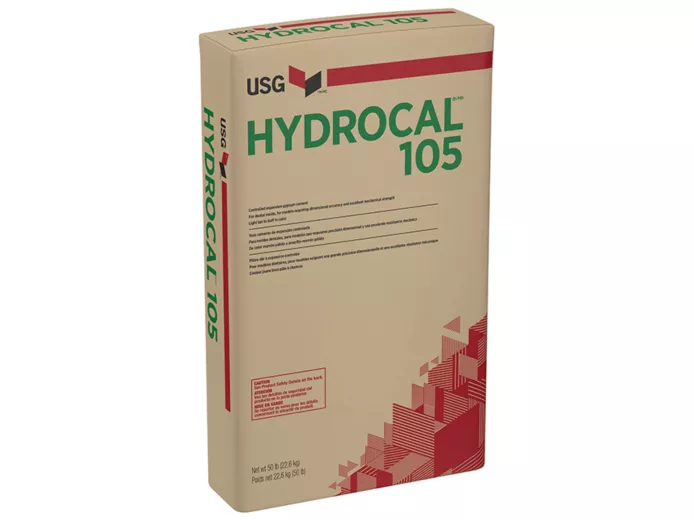 USG Hydrocal 105 packaging, a high-strength gypsum cement for ceramics and casting, featuring green text and geometric design.