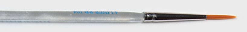 Detail of a fine-tipped paintbrush used for glazing and decorating ceramics, featuring a silver handle and orange bristles.
