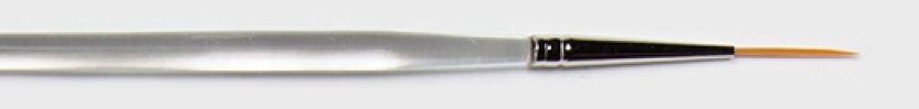 Detail of a fine-tipped paintbrush, ideal for glazing and decorating ceramics, featuring a silver metal handle and orange bristles.