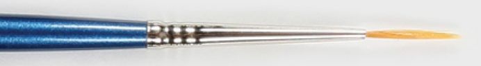 Detail of a fine-detail paintbrush with a blue handle and a pointed tip, ideal for glazing ceramics and pottery decoration.