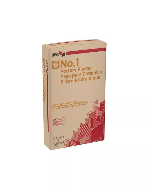 Packaging of USG No. 1 Pottery Plaster, a versatile material for ceramic mold making and sculpting, weighing 100 lbs.