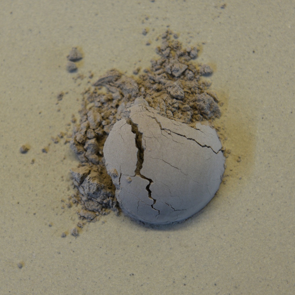 Dried cracked clay ball surrounded by gray clay dust on a neutral background, ideal for pottery and ceramic projects.