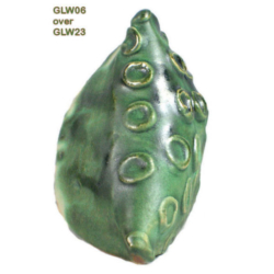 GLW06 + GLW23 Green ceramic sculpture with textured surface, featuring GLW06 glaze over GLW23, showcasing unique glazing technique.