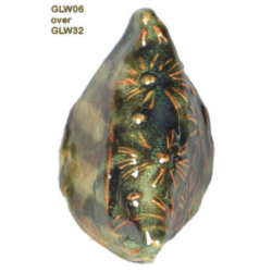 GLW06 + GLW32 Ceramic glaze sample GLW06 over GLW32, featuring a glossy finish with intricate textures and earthy green hues.