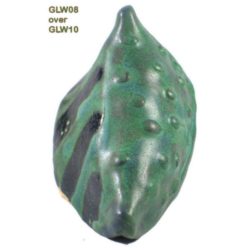 GLW08 + GLW10 Ceramic piece showcasing GLW08 glaze over GLW10, featuring a textured green surface with dark accents.
