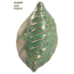 GLW08 + PG616 Ceramic leaf-shaped piece glazed in GLW08 over PG616, showcasing textured green surface with bronze highlights.
