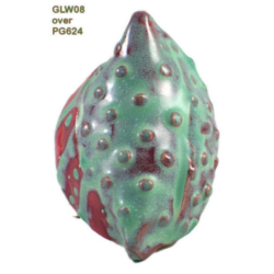 GLW08 + PG624 Textured ceramic sculpture with glossy green and red glazes, labeled GLW08 over PG624, showcasing creative glazing techniques.