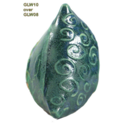 GLW10 + GLW08 Ceramic sculpture glazed in GLW10 over GLW08, featuring a textured design with swirls in deep green hues.