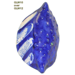 GLW10 + GLW12 Blue ceramic sculptural piece featuring GLW10 glaze over GLW12, showcasing textured and striped design elements.
