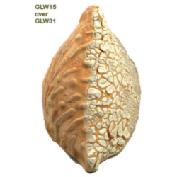GLW15 + GLW31 Textured ceramic sculpture featuring GLW15 glaze over GLW31, showcasing a blend of intricate patterns and earthy tones.