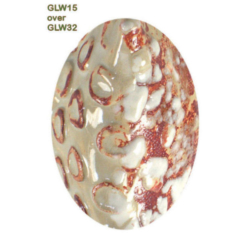 GLW15 + GLW32 GLW15 glaze layered over GLW32 shows a textured surface with warm, earthy tones, ideal for creative pottery projects.