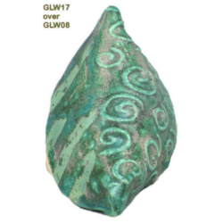 GLW17 + GLW08 Teardrop-shaped ceramic piece with glossy GLW17 glaze over GLW08, featuring decorative swirls and lines in green hues.