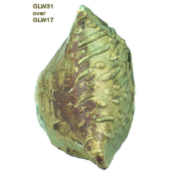 GLW31 + GLW17 A ceramic sample featuring GLW31 glaze layered over GLW17, showcasing a textured, earthy green and brown surface.