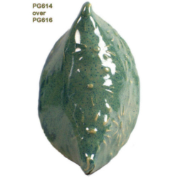 PG614 + PG616 Leaf-shaped ceramic piece glazed with PG614 over PG616, showcasing a glossy green finish and textured detailing.