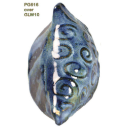 PG616 + GLW10 Ceramic piece with PG616 glaze over GLW10, featuring a blue-toned surface with decorative swirling patterns.