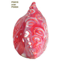 PG616 + PG624 Ceramic sculpture glazed with PG616 over PG624, showcasing vibrant red hues and intricate swirl designs.